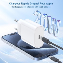 Chargeur 20W Rapide Original avec Câble 60W (1M+2M) pour iPhone 15/16, iPad Pro/Air/Mini