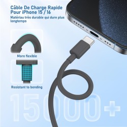 Chargeur 20W Rapide Original avec Câble 60W (1M+2M) pour iPhone 15/16, iPad Pro/Air/Mini