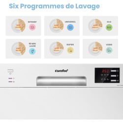 COMFEE' TD602E-W Lave-vaisselle compact pose libre, écran LED, 6,5 litres, blanc, niveau sonore : 47 dB