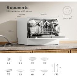 COMFEE' TD602E-W Lave-vaisselle compact pose libre, écran LED, 6,5 litres, blanc, niveau sonore : 47 dB