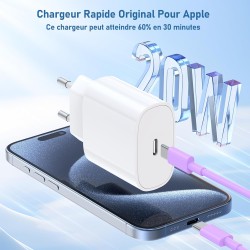 Chargeur pour iPhone 15 16, 20W Apple Original Chargeur Rapide avec 60W 1M+2M câble de Charge Rapide pour iPhone 16/16 Pro/16 Ma