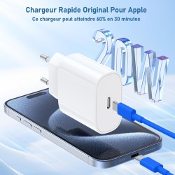 Chargeur Rapide 20W Original pour iPhone 15/16 et Pro Max/Plus, Câble 60W (1M+2M) - Compatible iPad Pro/Air/Mini