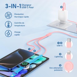 Chargeur pour Apple Watch, chargeur rapide magnétique 20w pour Apple iWatch, câble original 3 en 1 multi-charge (2M) compatible 