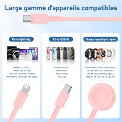 Chargeur pour Apple Watch, chargeur rapide magnétique 20w pour Apple iWatch, câble original 3 en 1 multi-charge (2M) compatible 