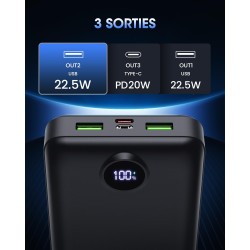 Batterie externe 50000mah charge rapide,power bank grande capacité 22,5w,usb-c avec 3 sorties & 2 entrées chargeur portable écra