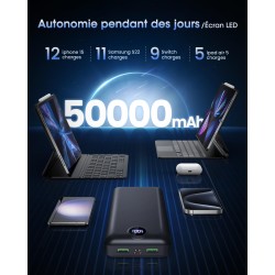 Batterie externe 50000mah charge rapide,power bank grande capacité 22,5w,usb-c avec 3 sorties & 2 entrées chargeur portable écra