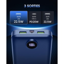 Batterie externe 50000mah charge rapide,power bank grande capacité 22,5w,usb-c avec 3 sorties & 2 entrées chargeur portable écra