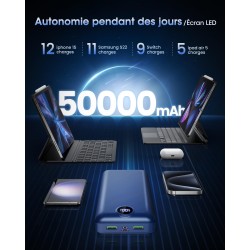 Batterie externe 50000mah charge rapide,power bank grande capacité 22,5w,usb-c avec 3 sorties & 2 entrées chargeur portable écra