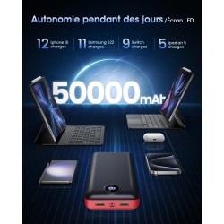 Pdbest batterie externe 50000mah charge rapide,power bank grande capacité avec 3 sorties & 2 entrées 22,5w,usb-c chargeur portab