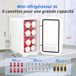 YASHE Mini réfrigérateur, 6 litres/8 canettes 220-240 V AC/DC Réfrigérateur thermoélectrique portable pour chambre à coucher, so
