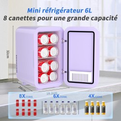 YASHE Mini réfrigérateur, 6 litres/8 canettes 220-240 V AC/DC, réfrigérateur thermoélectrique portable pour chambre à coucher, s