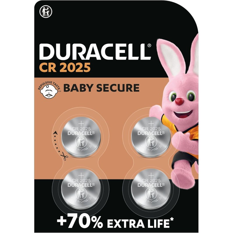 DURACELL 2025 Piles Boutons au lithium 3V (lot de 4) jusqu’à +70 % de longévité - Technologie Sécurité Enfant - Pour clés électr