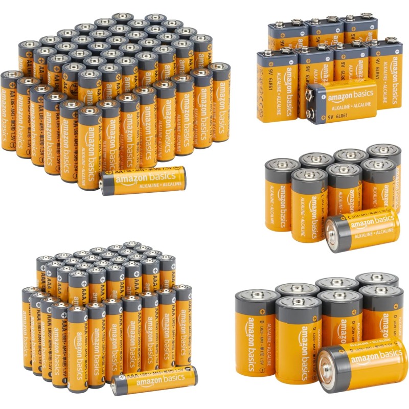 Amazon Basics Lot de 108 piles alcalines, format super économique, 48 AA + 36 AAA + 8 C + 8 D + 8 9 V