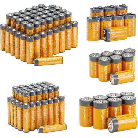 Amazon Basics Lot de 108 piles alcalines, format super économique, 48 AA + 36 AAA + 8 C + 8 D + 8 9 V