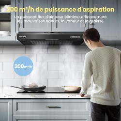 COMFEE'SLIF17B-60 LED,Hotte aspirante 60 cm, sous comptoir, 2 modes d'aspiration - 3 niveaux de vitesse - Noir