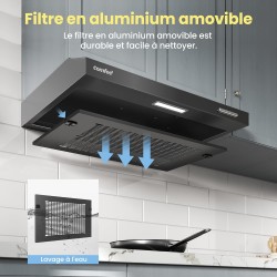 COMFEE'SLIF17B-60 LED,Hotte aspirante 60 cm, sous comptoir, 2 modes d'aspiration - 3 niveaux de vitesse - Noir