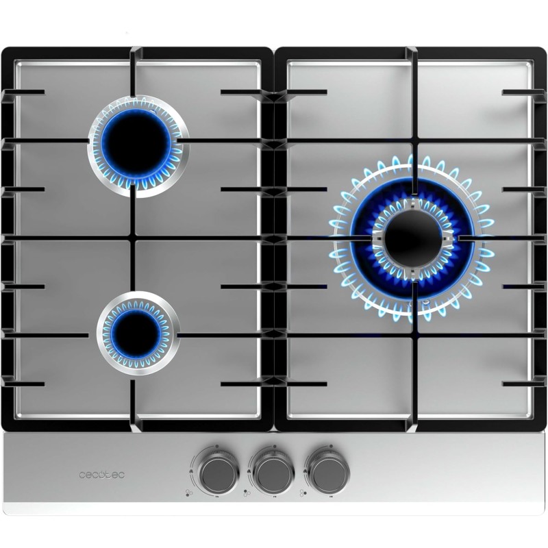 Cecotec Plaque à Bolero Squad G 3200F Inox. Plaque à gaz avec 3 feux, finition inox, grilles en fonte, puissance de 6250W, allum