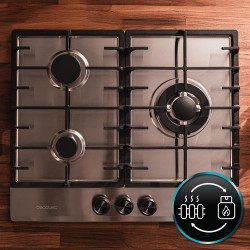 Cecotec Plaque à Bolero Squad G 3200F Inox. Plaque à gaz avec 3 feux, finition inox, grilles en fonte, puissance de 6250W, allum