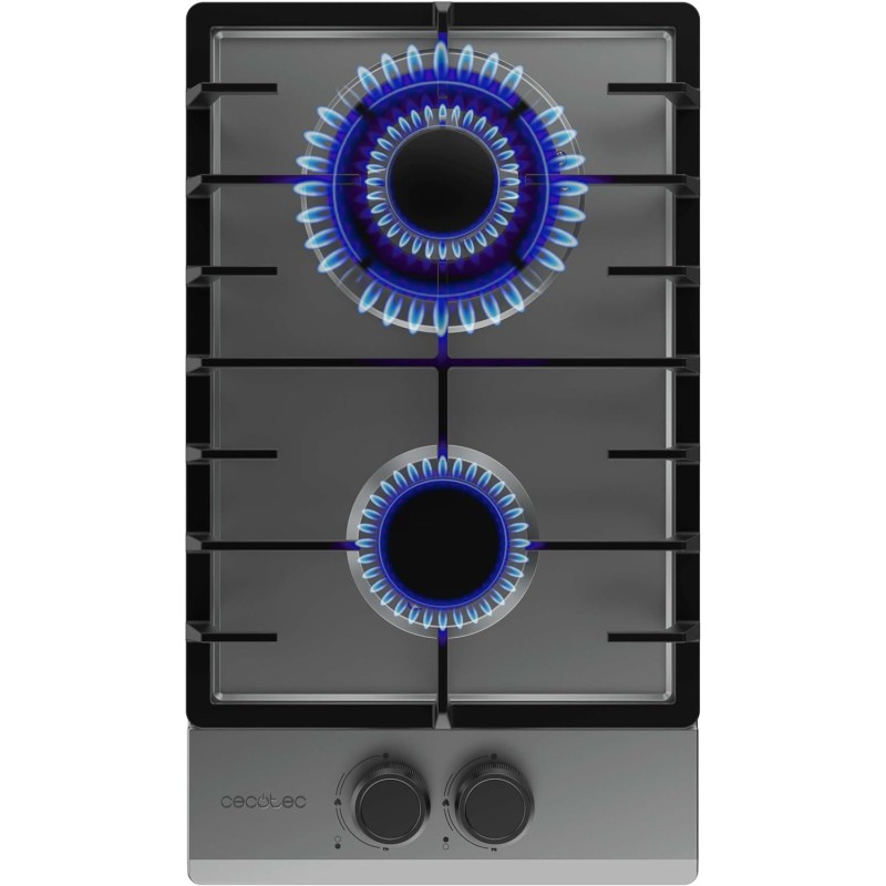 Cecotec Plaque de Gaz Butane et Naturel 2 Feux Bolero Squad G 2200F Inox. 5250 W, Acier Inox, Grilles Complètes en Fonte, Brûleu
