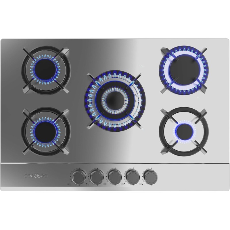 Cecotec Plaque de Gaz Butane et Naturel 5 Feux Bolero Squad G 5200S Inox. 11000 W, Acier Inoxydable, Grilles Individuelles en Fo