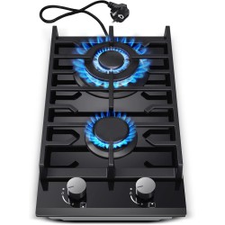 Plaque de cuisson à gaz à 2 feux, 30 cm, noire, en verre trempé, avec supports en fonte, convertible NG/LPG, plaque de cuisson à