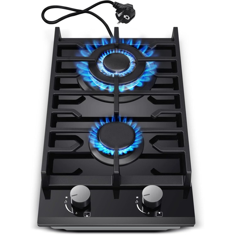 Plaque de cuisson à gaz à 2 feux, 30 cm, noire, en verre trempé, avec supports en fonte, convertible NG/LPG, plaque de cuisson à