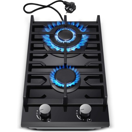 Plaque de cuisson à gaz à 2 feux, 30 cm, noire, en verre trempé, avec supports en fonte, convertible NG/LPG, plaque de cuisson à