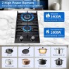 Plaque de cuisson à gaz à 2 feux, 30 cm, noire, en verre trempé, avec supports en fonte, convertible NG/LPG, plaque de cuisson à