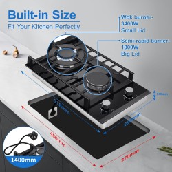Plaque de cuisson à gaz à 2 feux, 30 cm, noire, en verre trempé, avec supports en fonte, convertible NG/LPG, plaque de cuisson à