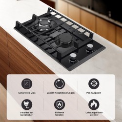 Plaque de cuisson à gaz à 2 feux, 30 cm, noire, en verre trempé, avec supports en fonte, convertible NG/LPG, plaque de cuisson à