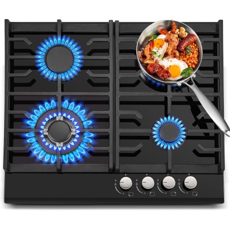 TopStrong Plaque de Cuisson Gaz 4 Feux, 60cm Plaque Gaz 4 Feux avec Supports en Fonte, Encastrable Table de Cuisson, Convertible