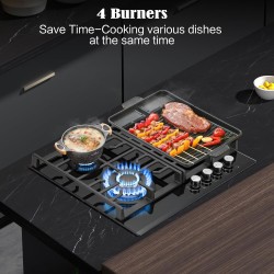 TopStrong Plaque de Cuisson Gaz 4 Feux, 60cm Plaque Gaz 4 Feux avec Supports en Fonte, Encastrable Table de Cuisson, Convertible