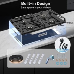 TopStrong Plaque de Cuisson Gaz 4 Feux, 60cm Plaque Gaz 4 Feux avec Supports en Fonte, Encastrable Table de Cuisson, Convertible