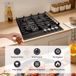 TopStrong Plaque de Cuisson Gaz 4 Feux, 60cm Plaque Gaz 4 Feux avec Supports en Fonte, Encastrable Table de Cuisson, Convertible