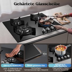 TopStrong Plaque de Cuisson Gaz 4 Feux, 60cm Plaque Gaz 4 Feux avec Sécurité Thermocouple, Cuisinière Encastrable, Naturel/Propa