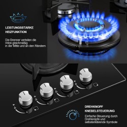 TopStrong Plaque de Cuisson Gaz 4 Feux, 60cm Plaque Gaz 4 Feux avec Sécurité Thermocouple, Cuisinière Encastrable, Naturel/Propa