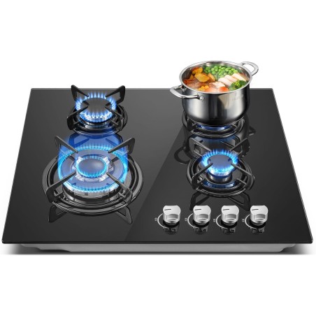 Plaque de Cuisson Gaz 4 Feux, TopStrong Plaque Gaz 4 Feux avec Sécurité Thermocouple 60cm, Noir Encastrable Table de Cuisson, Na