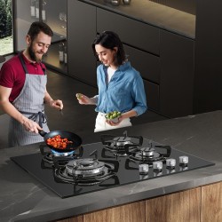 Plaque de Cuisson Gaz 4 Feux, TopStrong Plaque Gaz 4 Feux avec Sécurité Thermocouple 60cm, Noir Encastrable Table de Cuisson, Na