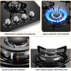 Plaque de Cuisson Gaz 4 Feux, TopStrong Plaque Gaz 4 Feux avec Sécurité Thermocouple 60cm, Noir Encastrable Table de Cuisson, Na
