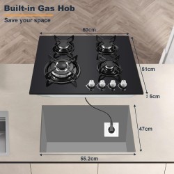 Plaque de Cuisson Gaz 4 Feux, TopStrong Plaque Gaz 4 Feux avec Sécurité Thermocouple 60cm, Noir Encastrable Table de Cuisson, Na