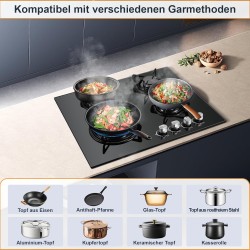 Plaque de Cuisson Gaz 4 Feux, TopStrong Plaque Gaz 4 Feux avec Sécurité Thermocouple 60cm, Noir Encastrable Table de Cuisson, Na
