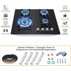 Plaque de Cuisson Gaz 4 Feux, TopStrong Plaque Gaz 4 Feux avec Sécurité Thermocouple 60cm, Noir Encastrable Table de Cuisson, Na