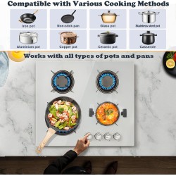 Plaque de Cuisson Gaz 4 Feux Blanc, TopStrong Plaque Gaz 4 Feux Verre avec Sécurité Thermocouple 60cm, Encastrable Table de cuis