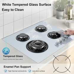 Plaque de Cuisson Gaz 4 Feux Blanc, TopStrong Plaque Gaz 4 Feux Verre avec Sécurité Thermocouple 60cm, Encastrable Table de cuis