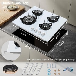 Plaque de Cuisson Gaz 4 Feux Blanc, TopStrong Plaque Gaz 4 Feux Verre avec Sécurité Thermocouple 60cm, Encastrable Table de cuis