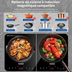 YASHE Plaque de cuisson à induction – Double plaque à induction, puissance de 10 W et 10 niveaux de température, 3500 W, 2 plaqu