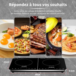 YASHE Plaque de cuisson à induction – Double plaque à induction, puissance de 10 W et 10 niveaux de température, 3500 W, 2 plaqu