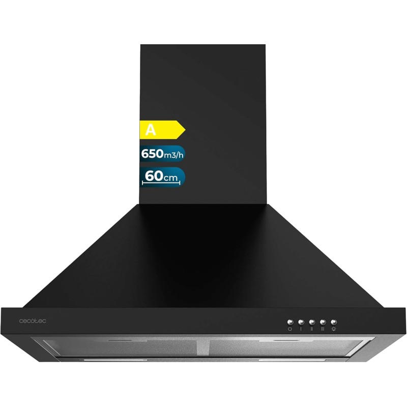 Cecotec hotte aspirante 60cm pyramid bolero flux pm 606500 noir a. 165w motor, stainless steel finish, 650m3/h suction, mechanic