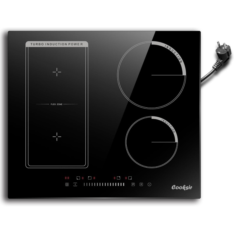 Plaque Induction 4 Foyers avec Prise, Table de Cuisson Induction Encastrable 60cm, 3500W, Zone Combinée pour le Gril, Commande T