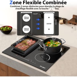 Plaque Induction 4 Foyers avec Prise, Table de Cuisson Induction Encastrable 60cm, 3500W, Zone Combinée pour le Gril, Commande T